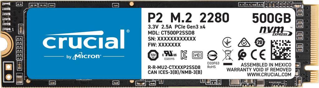 Crucial SSD P2, 500GB, M.2(22x80mm), NVMe, PCIe 3.0 x4, 3D TLC, R/W 2300/940MB/s, IOPs 95 000/215 000, TBW 150, DWPD 0.2 (12 мес.)