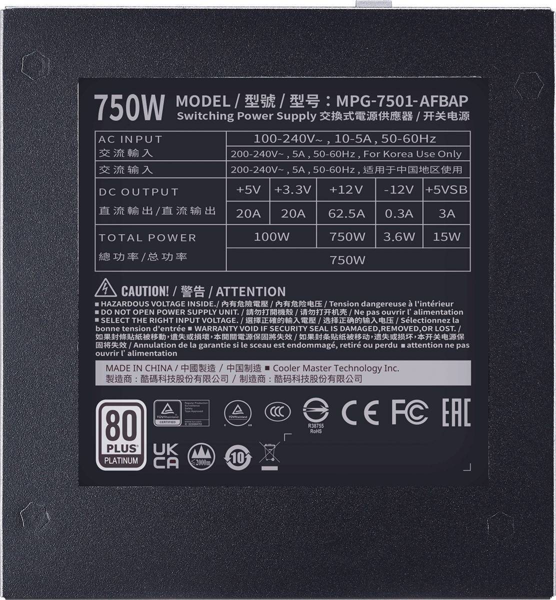Power Supply Cooler Master XG750 Platinum, 750W, ATX, 135mm, 24pin, 12xSATA, 4xPCI-E(6+2), APFC, 80+ Platinum, Full Modular