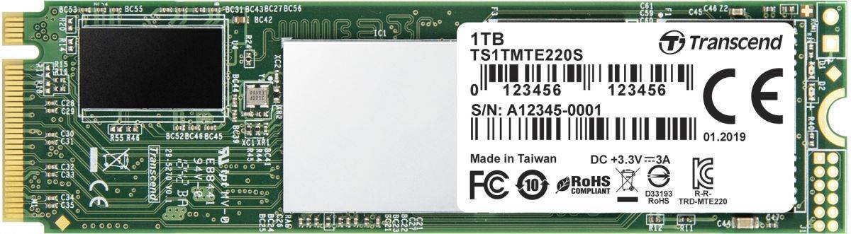 Transcend MTE220S SSD 1TB, 3D TLC, M.2 (2280), PCIe Gen 3.0 x4, NVMe, R3400/W1900, TBW 2200