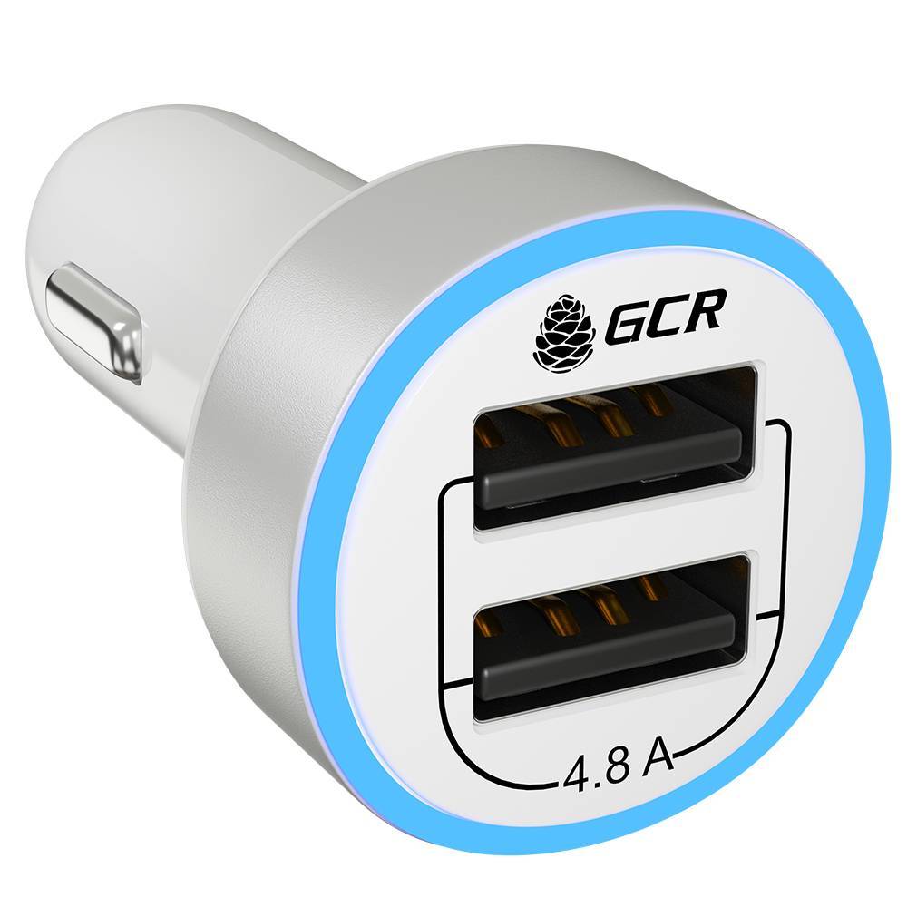 GCR Автомобильное зарядное устройство на 2 USB порта 4.8A, белое, LED индикация, GCR-51984