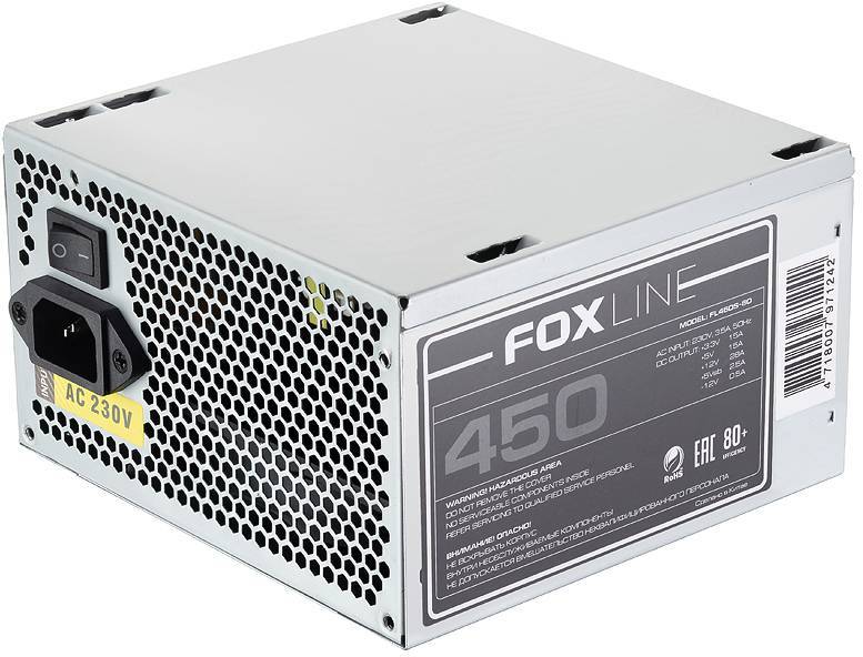 Power Supply Foxline, 450W, ATX, APFC, 120FAN, CPU 4+4  pin, MB 24pin, 5xSATA, 2xPATA, 1xFDD, 1xPCI-E 6pin, 80+