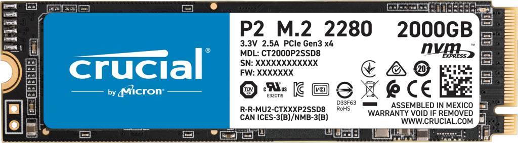Crucial SSD P2, 2000GB, M.2(22x80mm), NVMe, PCIe 3.0 x4, 3D TLC, R/W 2400/1800MB/s, IOPs н.д./н.д., TBW 600, DWPD 0.2 (12 мес.)