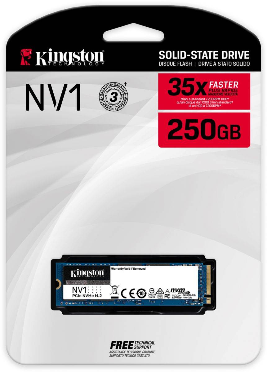 Kingston SSD NV1, 250GB, M.2 22x80mm, NVMe, PCIe 3.0 x4, R/W 2100/1100MB/s, TBW 60, DWPD 0.22 (3 года)