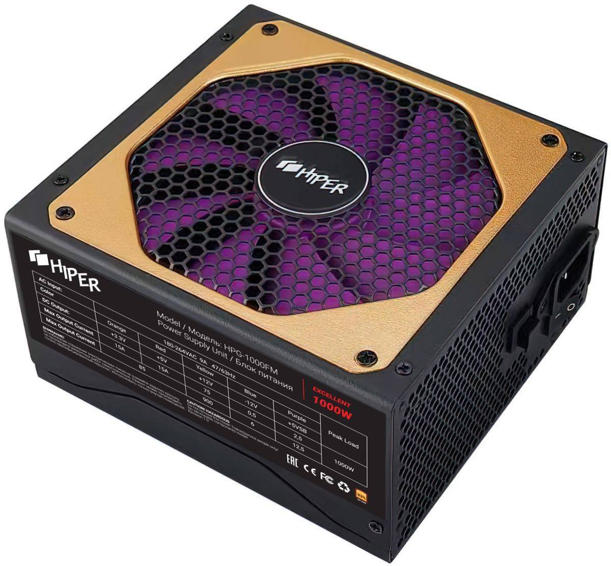 блок питания для ПК 1000 Ватт/ PSU HIPER HPG-1000FM (1000W 80+Gold, 14cm Fan, 220V input, Efficiency 90%, Modular, Black) BOX