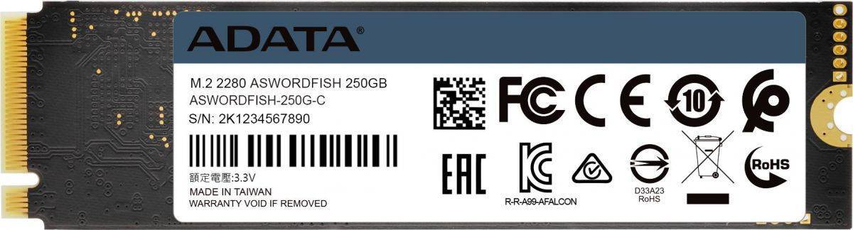 ADATA SWORDFISH SSD 250GB, 3D TLC, M.2 (2280), PCIe Gen 3.0 x4, NVMe, R1800/W900, TBW 120
